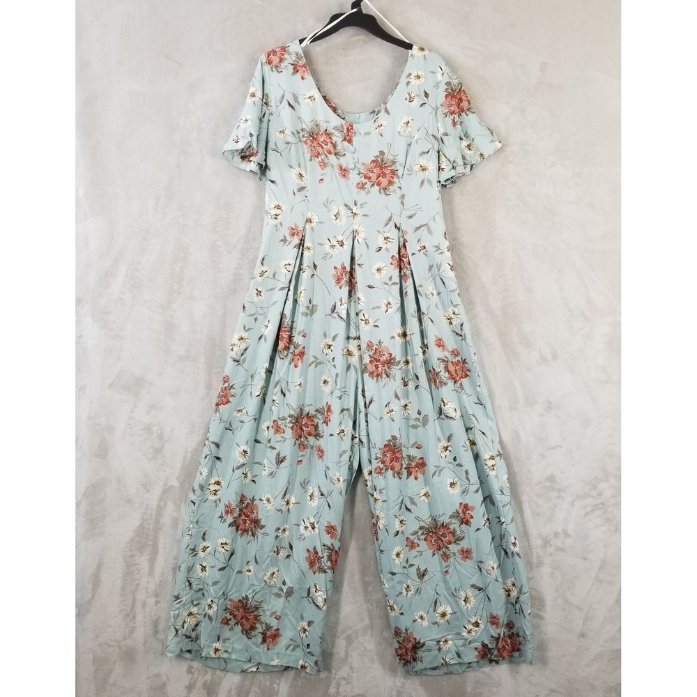 Vintage Jumpsuit Women 12 Blue Floral Pleated Wide Leg Palazzo Cottage Boho